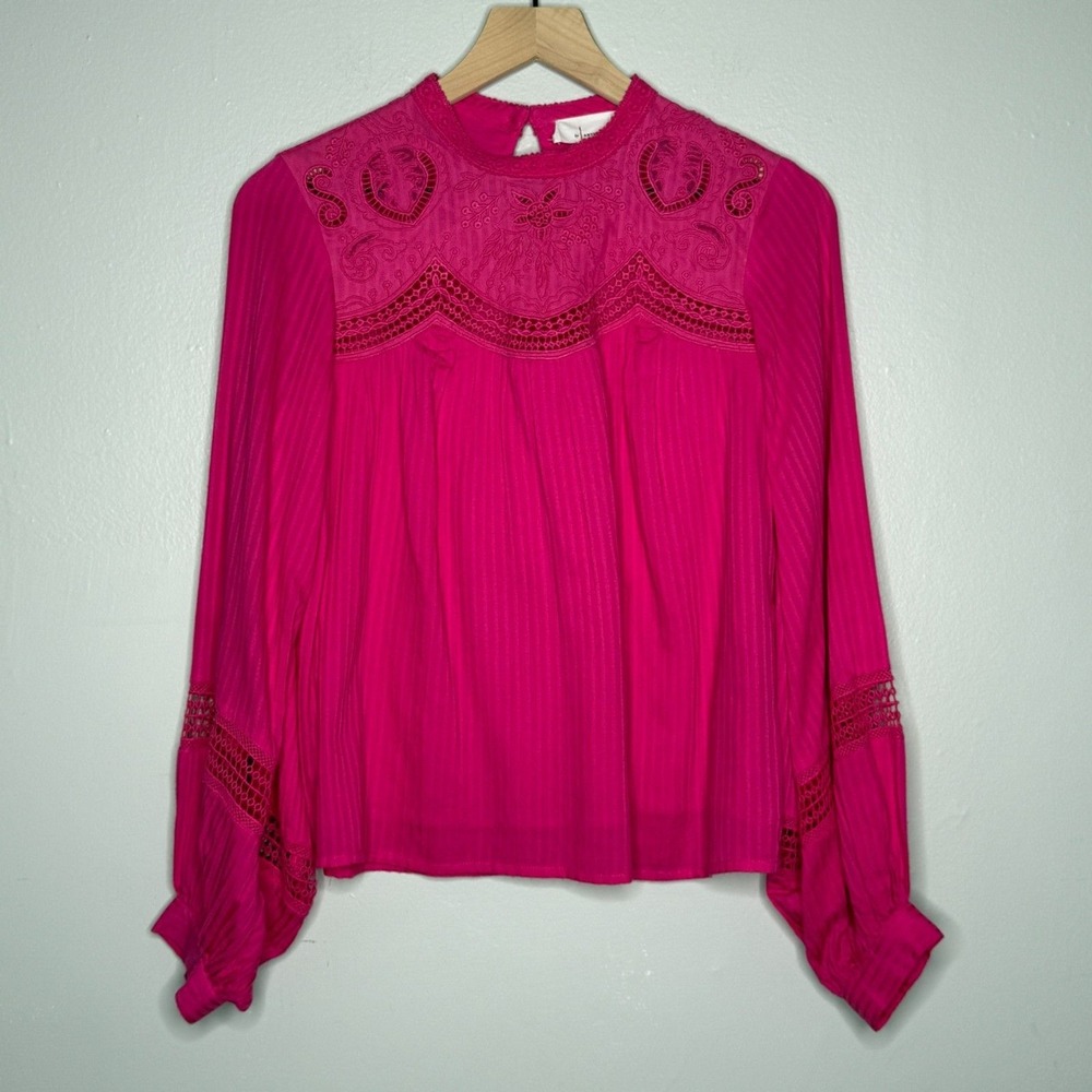Anthropologie Womens Peasant Blouse XS Pink Eyelet Long Sleeve Boho‎ Feminine